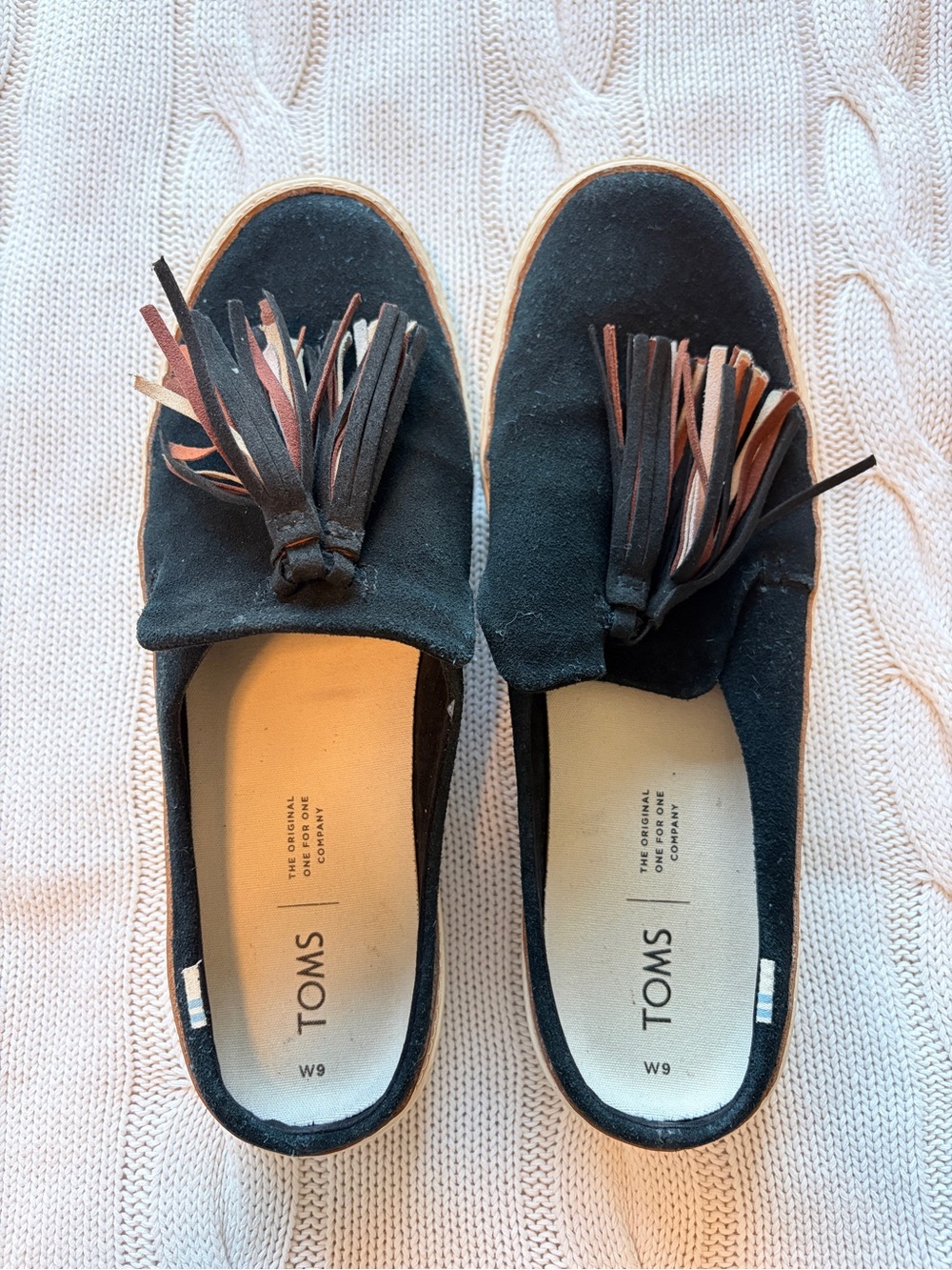 TOMS Black Suede Sunrise Tassel Slip On Mules Comfort Flat Sneakers Size W9